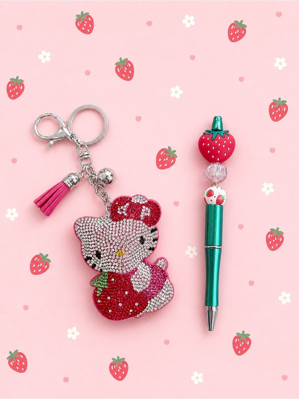 Kitty with strawberry Rhinestone bag charm with a handmade strawberry pen